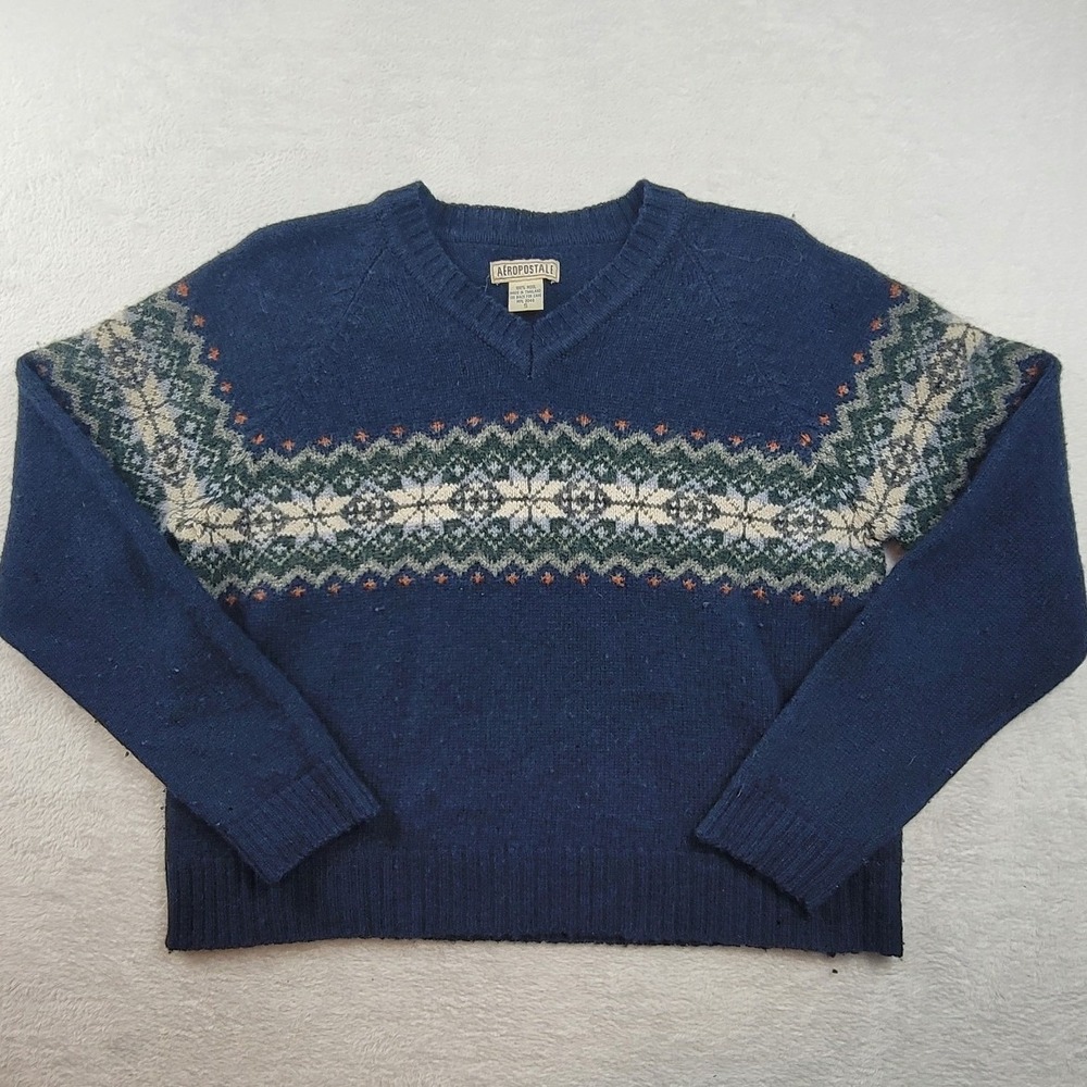Aeropostale Mens Wool V-Neck Sweater Navy Blue Fair Isle Snowflake Size S